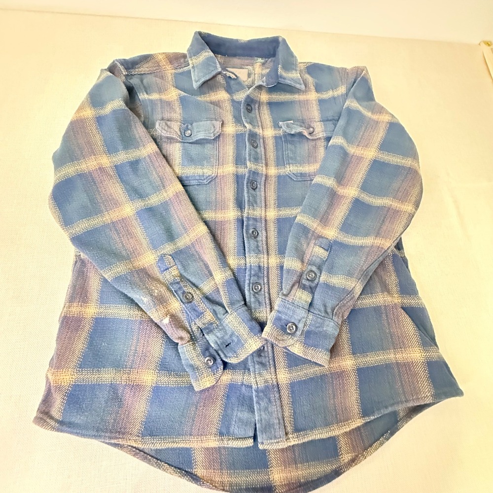 Orvis Mens HeAvy Blue Plaid Flannel Button Down Shirt Classic Collection Large